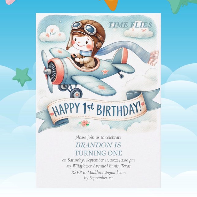 Invitation 1er anniversaire de naissance Boy Avion (Créateur téléchargé)