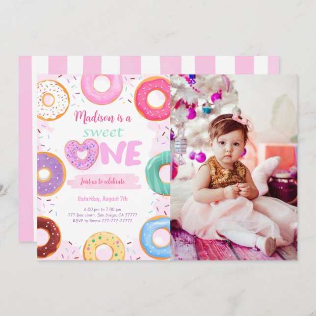 Invitation 1er anniversaire Donut Party Photo (Devant / Derrière)