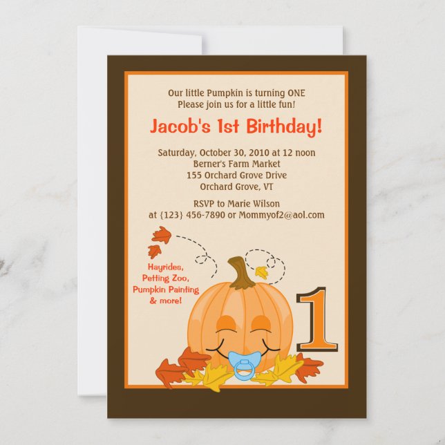 Invitation 1er anniversaire du bébé citrouille Halloween 5x7  (Devant)