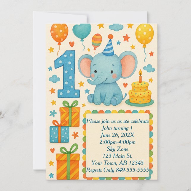 Invitation 1er Anniversaire Eléphant, Ballons, Gâteau, & Prés (Devant)