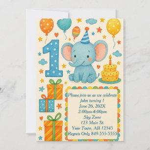 Invitation 1er Anniversaire Eléphant, Ballons, Gâteau, & Prés