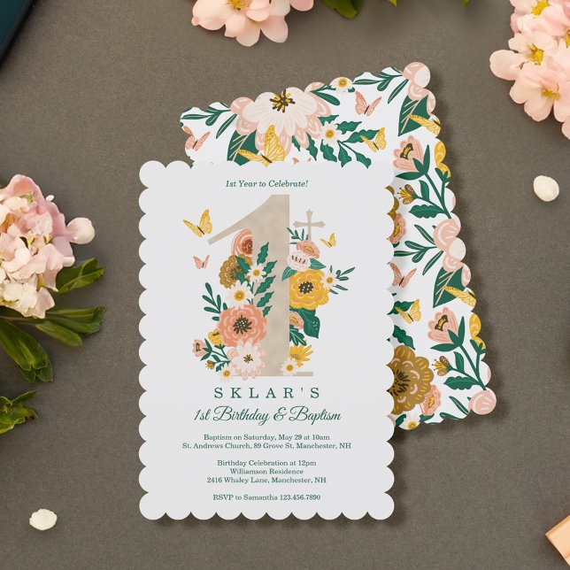Invitation 1er anniversaire et baptême Flore de printemps Pap (1st Birthday & Baptism Spring Florals Butterflies Invitation)