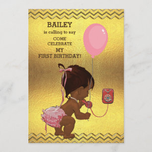 Invitation 1er anniversaire Ethnic Girl Balloon Gold Chevrons