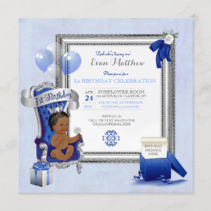 Invitation 1er Anniversaire Ethnique Garçon Bleu Royal Argent