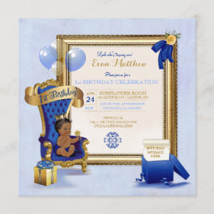 Invitation 1er Anniversaire Ethnique Garçon Royal Bleu Or Pho