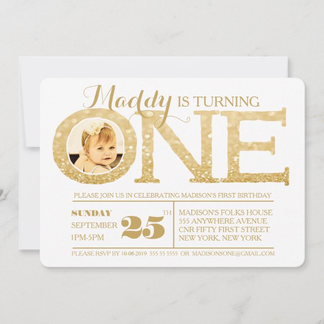Invitation 1er anniversaire Faux Gold Parties scintillant One (Devant)