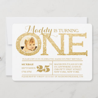 Invitation 1er anniversaire Faux Gold Parties scintillant One