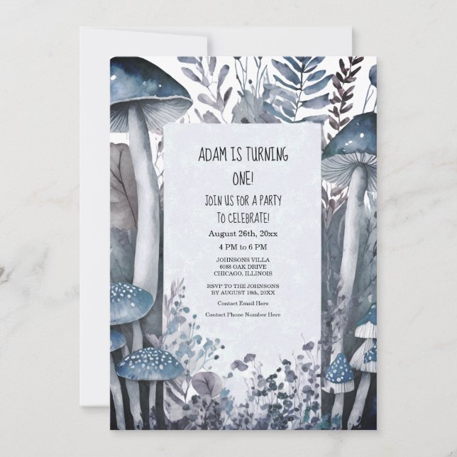 Invitation 1er Anniversaire Fête Champignons Bleus Boho Woods (Devant)
