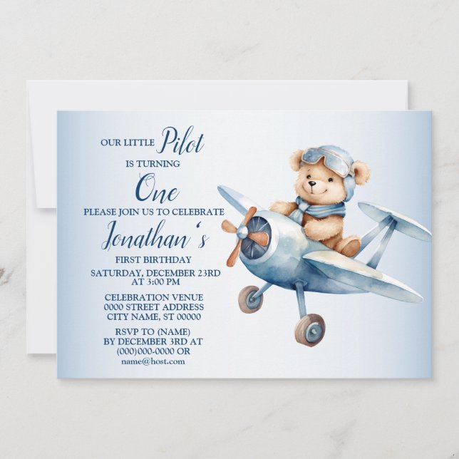 Invitation 1er Anniversaire Fête Cute Blue Bear Pilote Belle (Devant)