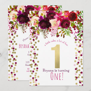 Invitation 1er anniversaire fête or bordeaux floral gras