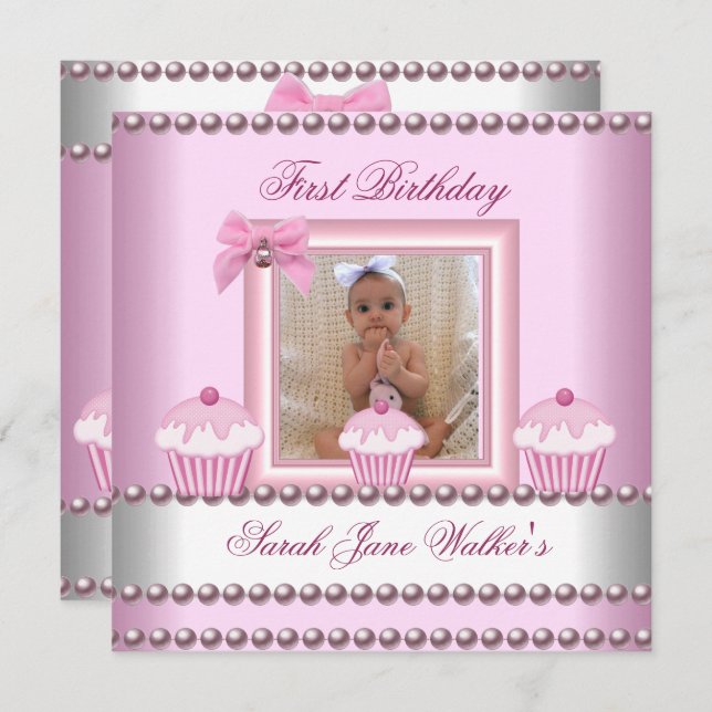 Invitation 1er Anniversaire Fille Cupcakes rose Bébé perle bl (Devant / Derrière)