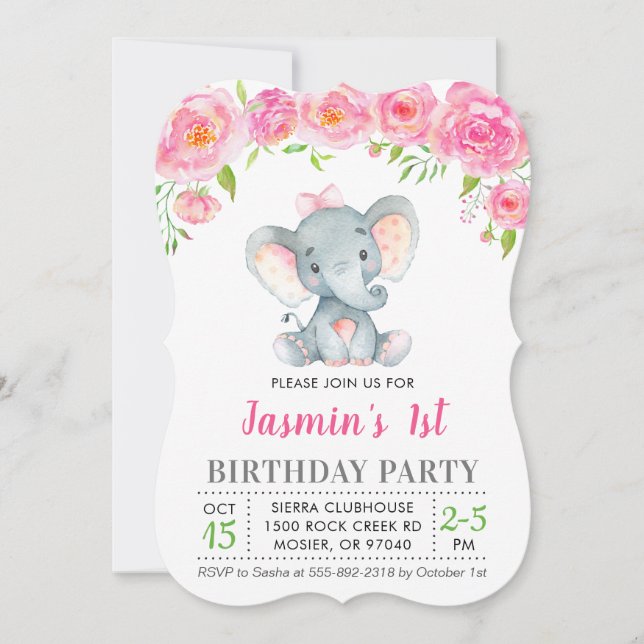 Invitation 1er anniversaire Fille Floral Rose Elephant Party (Devant)