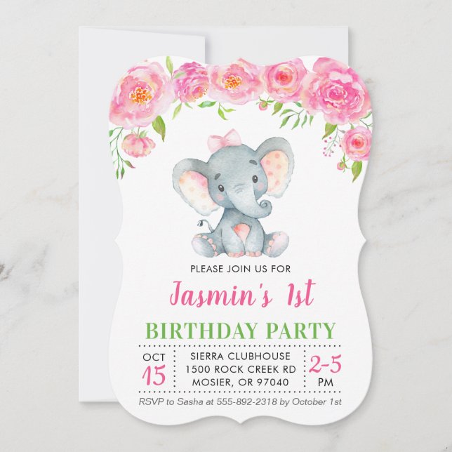 Invitation 1er anniversaire Fille Floral Rose Elephant Party (Devant)
