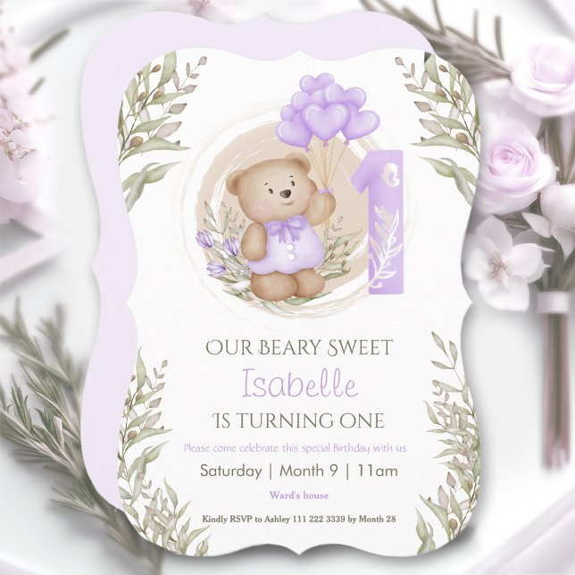 Invitation 1er Anniversaire Fille mignonne Ours En Teddy Ball (1st Birthday Girl Cute Teddy Bear Purple Balloons Invitation)