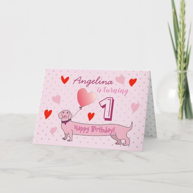 Invitation 1er anniversaire fille mignonne rose chiot (Devant)