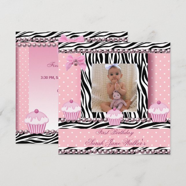 Invitation 1er anniversaire fille Pink Cupcakes Zebra Baby (Devant / Derrière)