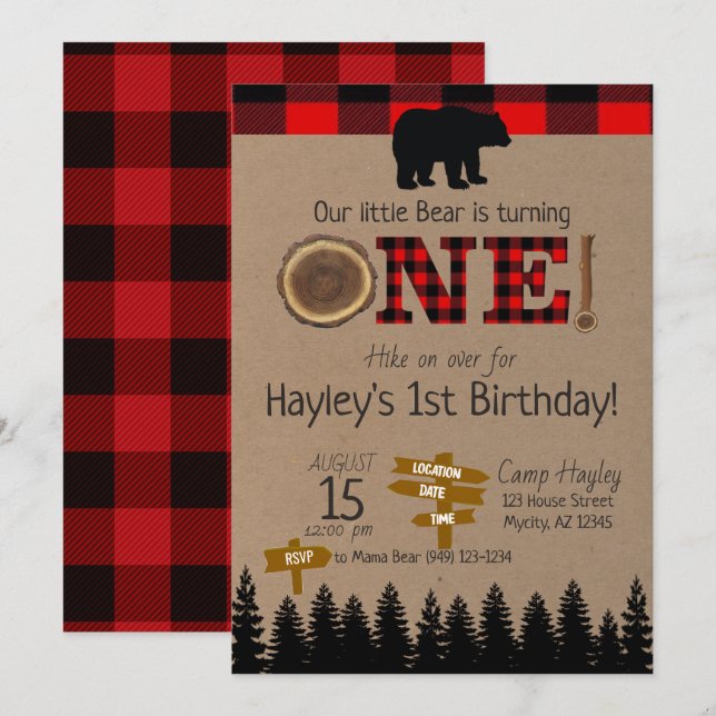 Invitation 1er anniversaire Flannel Little Bear Thème Anniver (Devant / Derrière)