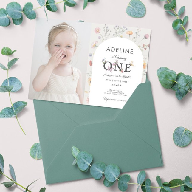 Invitation 1er Anniversaire Fleur sauvage Thème Floral Girl P (Wildflower 1st Birthday Invitation with Photo Printable or Digital Personalized template baby girl)