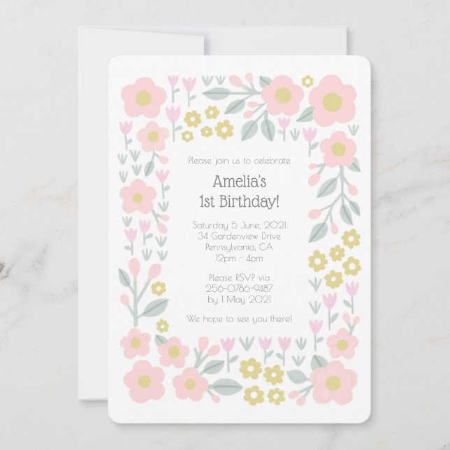 Invitation 1er anniversaire Fleurs Filles Motif rose et or (Devant)