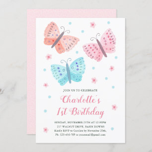 Invitation 1er Anniversaire Fleurs papillon Aquarelle rose