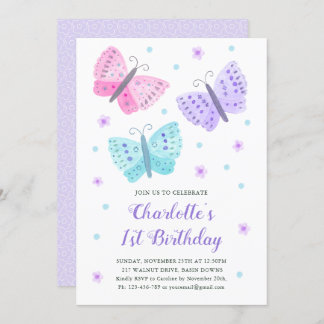 Invitation 1er anniversaire Fleurs papillon Aquarelle violet