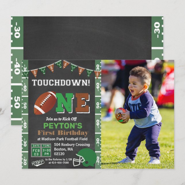 Invitation 1er anniversaire Football Party Chalkboard Invitat (Devant / Derrière)