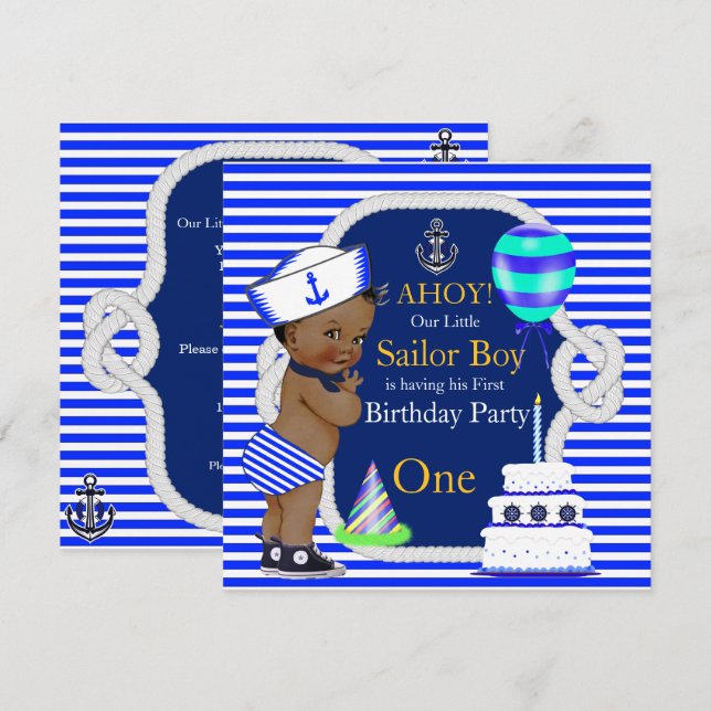 Invitation 1er Anniversaire Garçon Marin Bleu Marine Rayure E (Devant / Derrière)