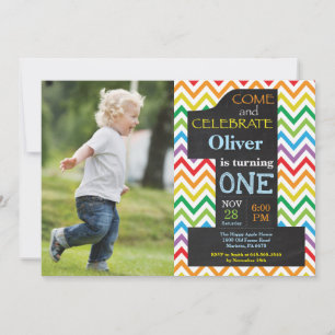 Invitation 1er anniversaire garçon Rainbow Chalkboard Photo