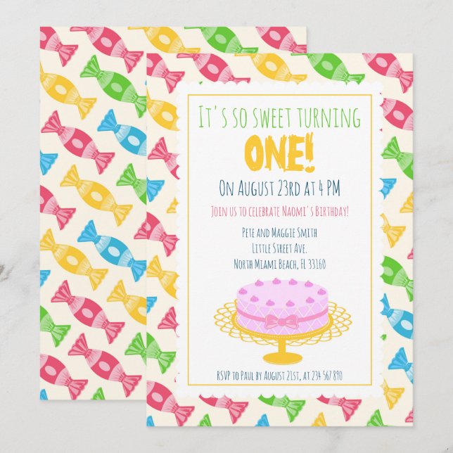 Invitation 1er anniversaire gâteau rose fête fille fille (Devant / Derrière)
