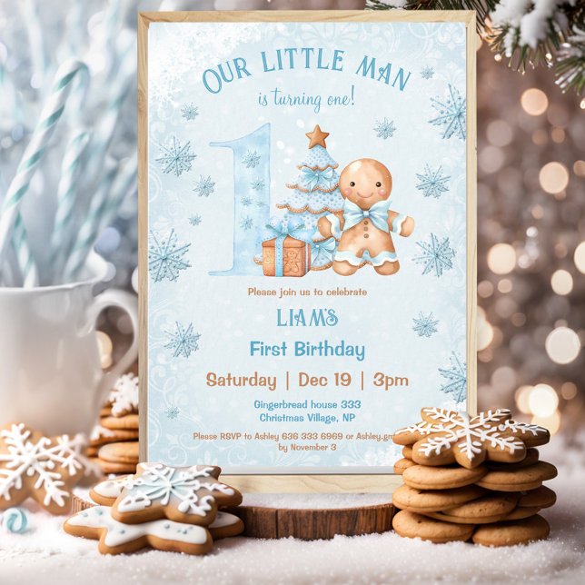Invitation 1er anniversaire Gingerbread Man Boy Blue Christma (1st Birthday Gingerbread Man Boy Blue Christmas Invitation)