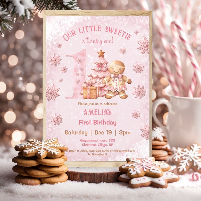 Invitation 1er anniversaire Gingerbread Man Girl Pink Noël (1st Birthday Gingerbread Man Girl Pink Christmas Invitation)