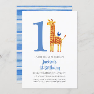 Invitation 1er anniversaire Giraffe & Bird Striped Party