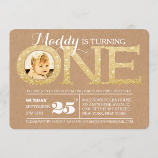 Invitation 1er anniversaire Gold Parties scintillant One Phot