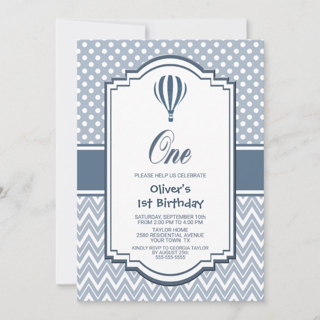 Invitation 1er anniversaire Gray Hot Air Balloon Party (Devant)
