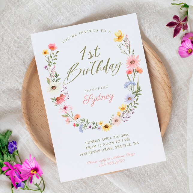 Invitation 1er anniversaire Jardin Fleur sauvage aquarelle (1st Birthday Garden Party Wildflower Watercolor Invitation)