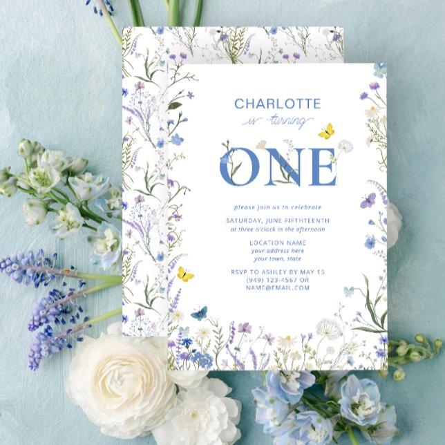 Invitation 1er anniversaire Jardin Fleur sauvage Bleu Turc Un (1st Birthday Invitation)
