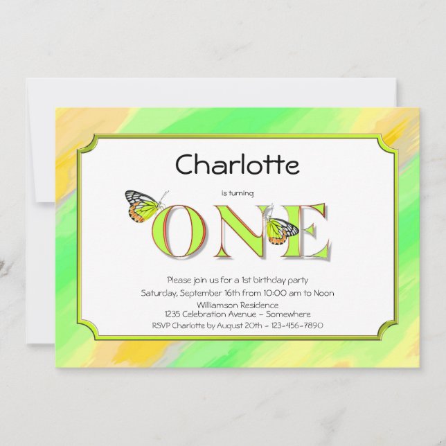 Invitation 1er anniversaire Jaune et Vert avec des rayures (Devant)