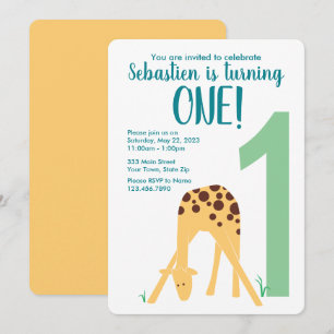 Invitation 1er anniversaire Jaune moderne bébé Giraffe