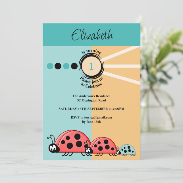 Invitation 1er anniversaire ladybugs vert orange fête (Debout devant)