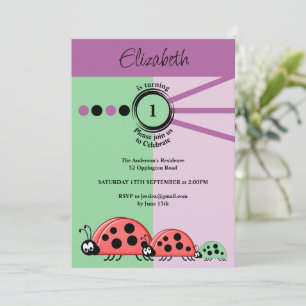 Invitation 1er anniversaire ladybugs vert violet fête