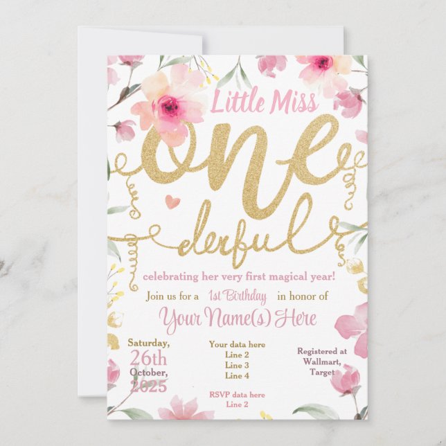 Invitation 1er Anniversaire Little Miss ONE derful Pink Flora (Devant)