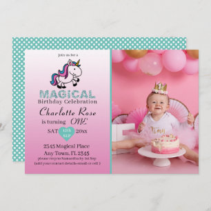 Invitation 1er Anniversaire Magique Unicorne Girly Blush Pink