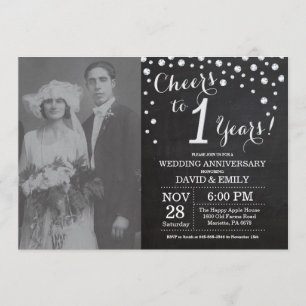 Invitation 1er anniversaire Mariage Chalkboard Black Silver