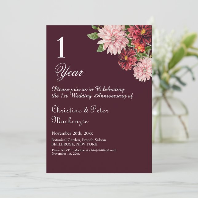 Invitation 1er Anniversaire Mariage en papier Bourgogne Flora (Debout devant)