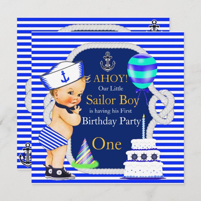 Invitation 1er Anniversaire marin Boy Navy Blue Stripe Blonde (Devant / Derrière)
