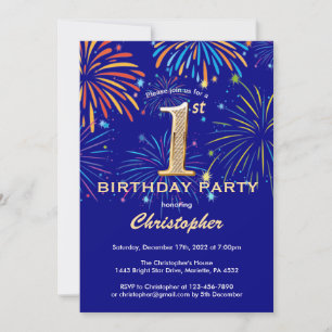 Invitation 1er anniversaire Marine Blue and Gold Rainbow Fire