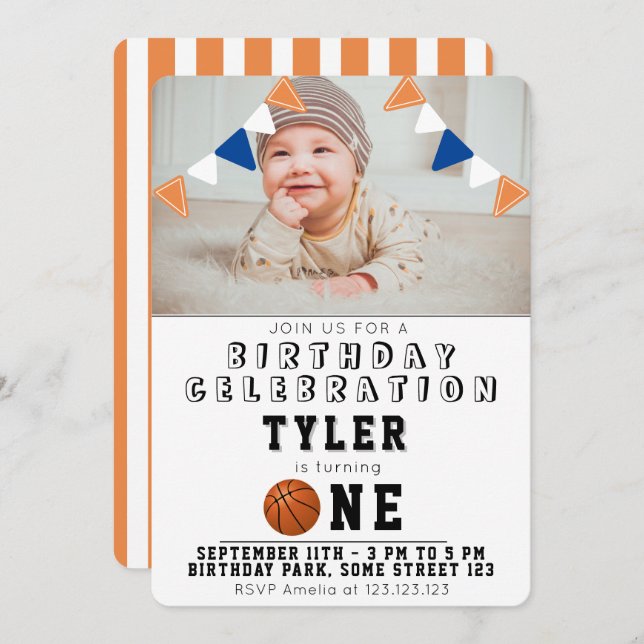 Invitation 1er anniversaire mignon Basketball Balls Enfants P (Devant / Derrière)