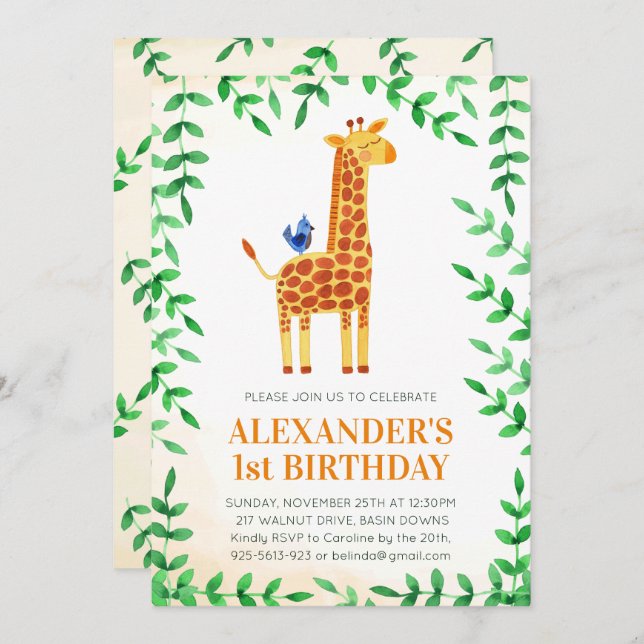 Invitation 1er anniversaire mignonne Giraffe & Bird Whimsical (Devant / Derrière)