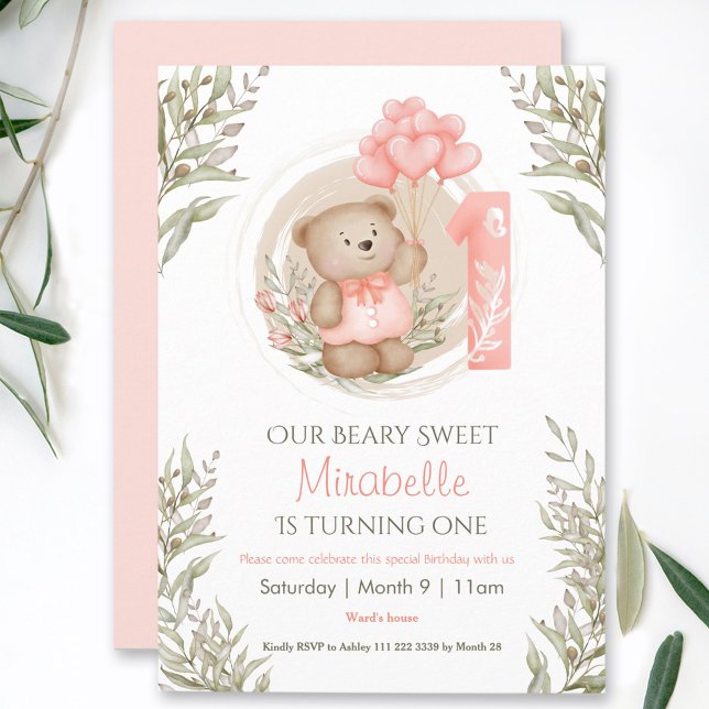 Invitation 1er Anniversaire Mignonne Ours Teddy Peach Coeur B (1st Birthday Cute Teddy Bear Peach Heart Balloons Invitation)