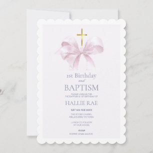 Invitation 1er anniversaire moderne et baptême avec Bow rose